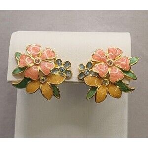 Joan Rivers Enamel & Rhinestone Flower Stud Earrings Pink, Green & Blue